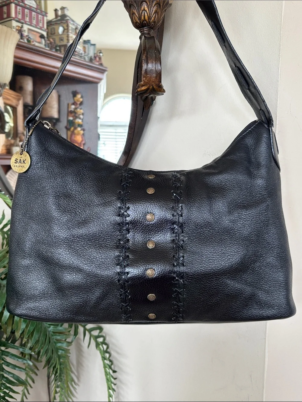 Vintage THE SAK Genuine Leather Black Zippered Hobo Shoulder Bag Studded Braided